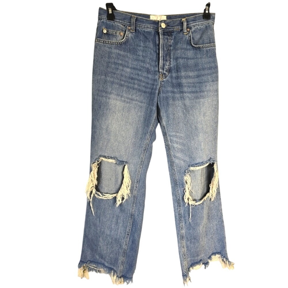 We The Free Free People Distressed Straight Leg Jeans Blue 27 Knee Ripped Frayed